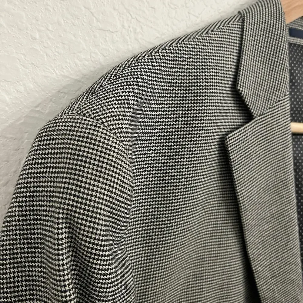 Jos A Bank Linen Cotton Houndstooth Blazer‎ 40L Tailored Fit Elbow Patches Black